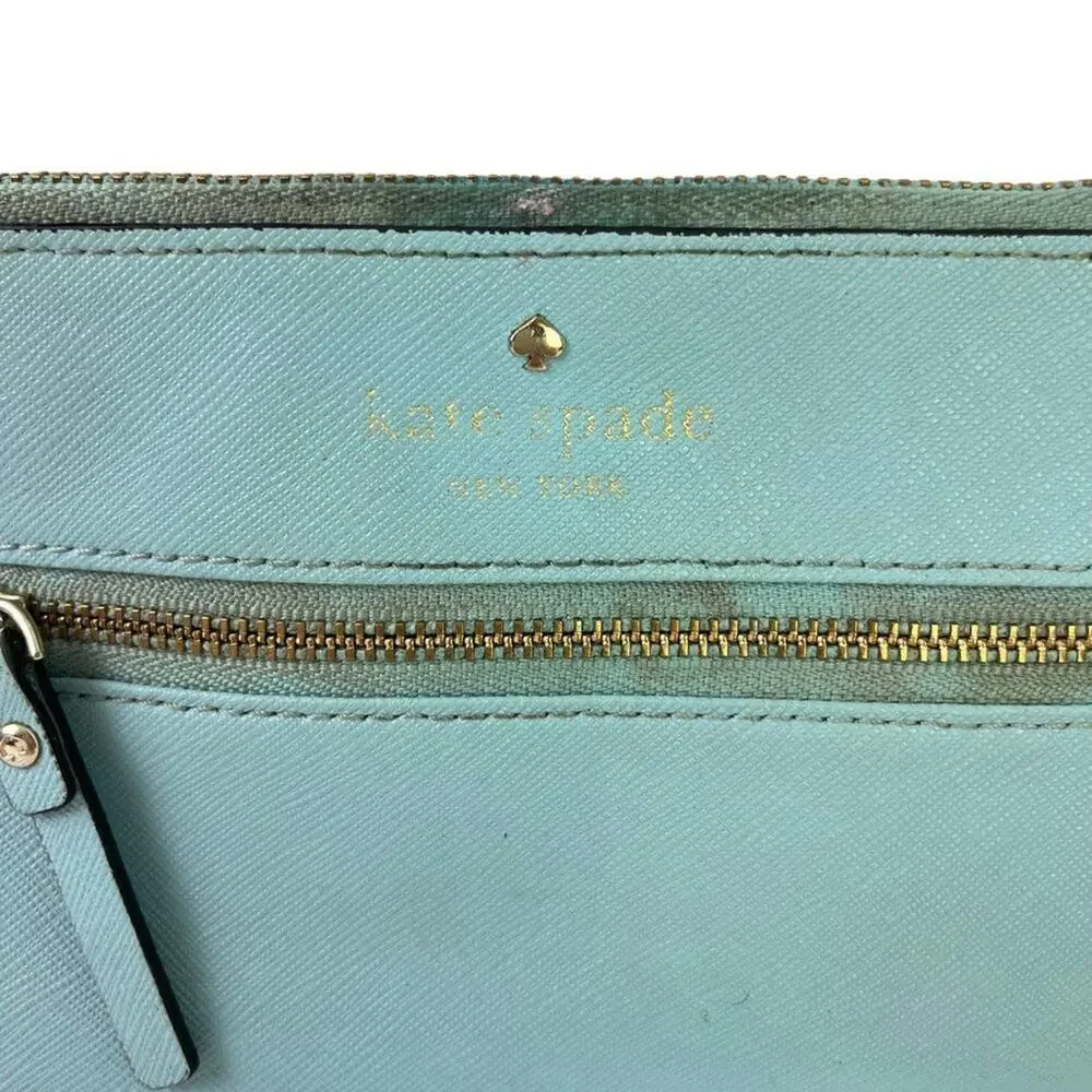 Kate Spade New York Aqua Blue Wristlet Coin Purse 100% Cow Hide Genuine Leather